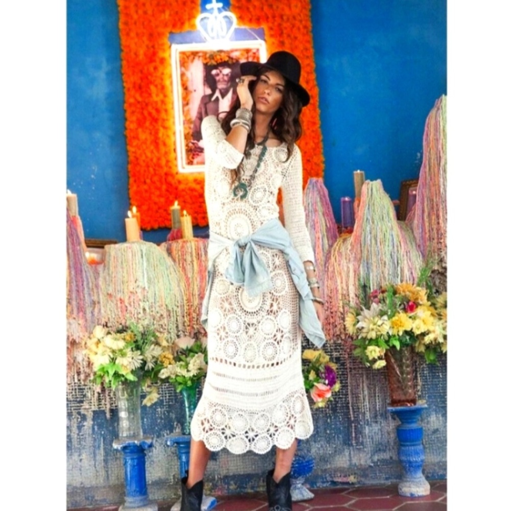 Spell and the Gypsy backless long sleeve crochet dress in off white